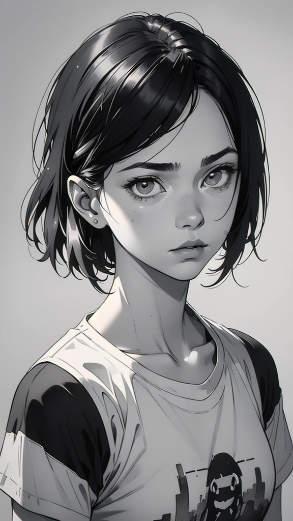 1 boyish girl, solo, sharp eyes, expressionless, monochrome, greyscale, short black hair, portrait, white T-shirt, closed mouth, looking at viewer, graphite \(medium\), detailed lips, hatching \(texture\), without makeup, bangs, upper body, (best illustration), (best quality), (very detailed), (masterpiece), expressionless,