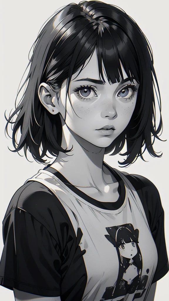 1 boyish girl, solo, sharp eyes, expressionless, monochrome, greyscale, short black hair, portrait, white T-shirt, closed mouth, looking at viewer, graphite \(medium\), detailed lips, hatching \(texture\), without makeup, bangs, upper body, (best illustration), (best quality), (very detailed), (masterpiece), expressionless,