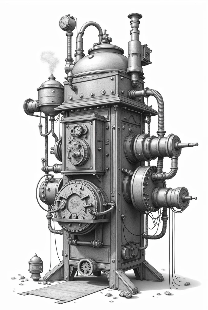 Make a NON-realistic black and white drawing of a machine that can create cereal cookies like oatmeal, quinoa, quinoa, and they have fruit jelly filling. That the machine has the following parts: Solar Grain Mill, Solar Dehydrator, Solar Food Processor, Solar Industrial Mixer, Solar mixer, Solar Molding and Filling Machine, Solar Oven, Cooling tunnel and packaging machine (pointing out its parts)