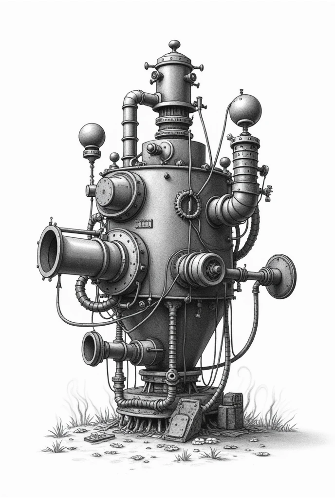 Make a NON-realistic black and white drawing of a machine that can create cereal cookies like oatmeal, quinoa, quinoa, and they have fruit jelly filling. That the machine has the following parts: Solar Grain Mill, Solar Dehydrator, Solar Food Processor, Solar Industrial Mixer, Solar mixer, Solar Molding and Filling Machine, Solar Oven, Cooling tunnel and packaging machine (pointing out its parts)