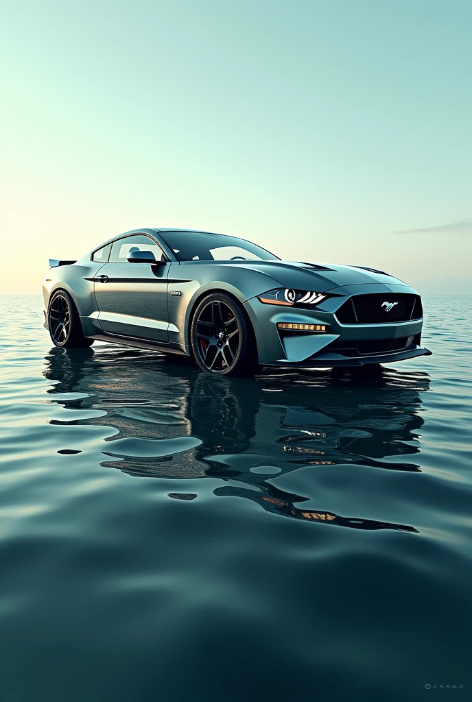 Shape should look like and ford mustang gt and body of ship realistic image in the middle of ocean
