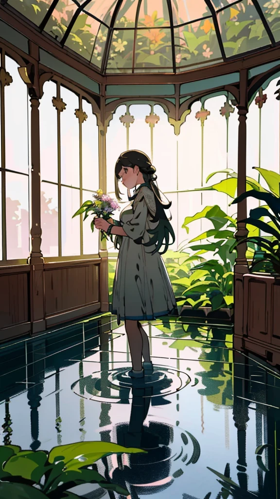 (top quality, masterpiece, ultra-realistic), 1 girl, solo, beautiful, rainy day, raining, wet ground, puddle, indoor botanical garden, dome, lots of flowers, dense mass plants, the background landscape is a garden with petals and puffs flying around. --v6