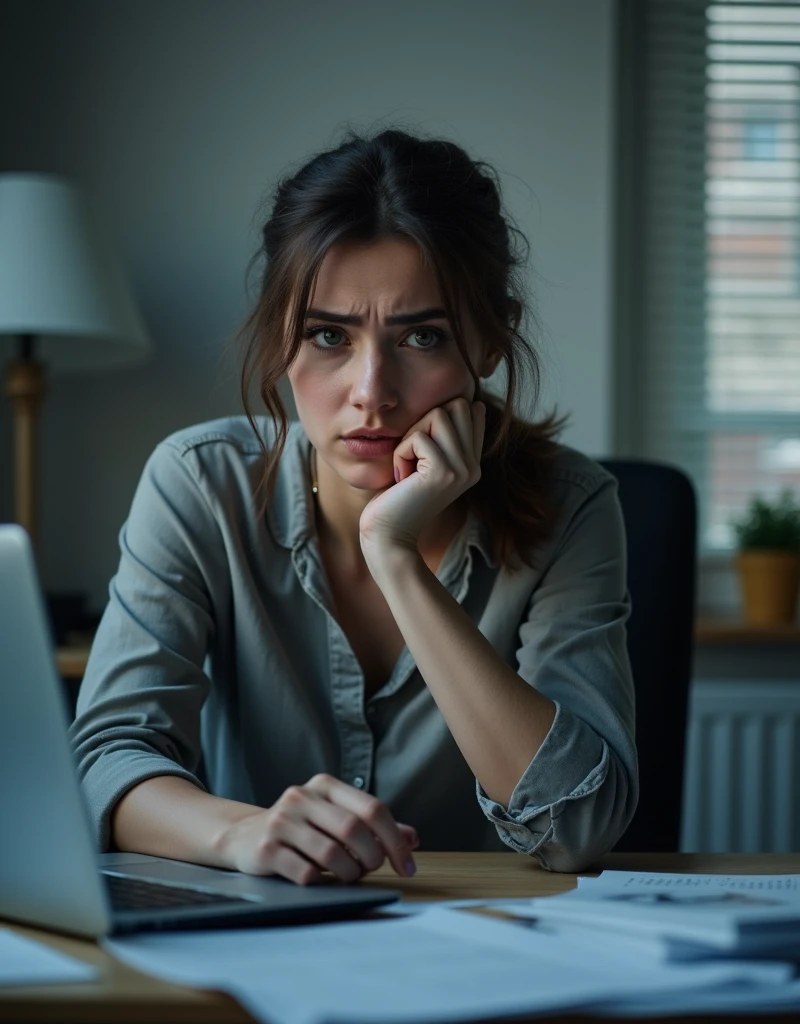 Close-up Shot of Someone Looking Stressed
Scene Description:
A young woman, around 25-30 years old, is sitting at a desk cluttered with papers and a laptop. Her hair is slightly messy, and she’s wearing casual, everyday clothing. Her facial expression shows signs of stress and worry, with furrowed brows and slightly biting her lower lip. The lighting is dim, emphasizing the tense atmosphere. In the background, there's a window with closed blinds, casting a faint shadow, suggesting it’s daytime but with a gloomy ambiance.
Technical Details:
Camera Angle: Close-up shot focusing on her face to capture the expression of stress.
Lighting: Soft, natural light from the window to create a subtle shadow on her face.
Color Scheme: Muted tones, with hints of gray and blue, to enhance the feeling of stress.
Environment: Indoor, home office setting with a desk, scattered papers, and a laptop.