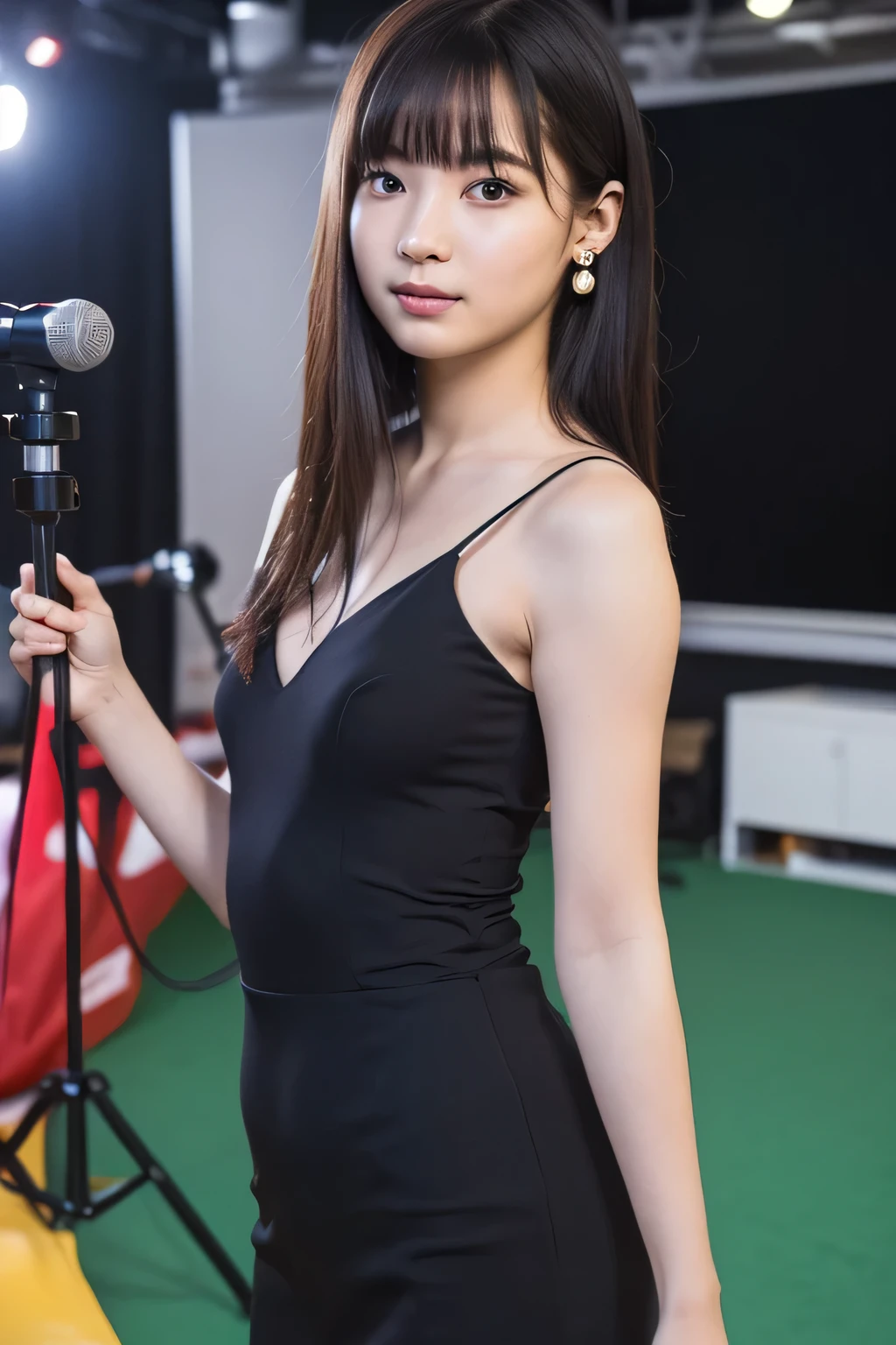 (Highest quality:1.4),(masterpiece:1.4),(Realistic:1.4),(Realistic:1.2),(超High resolution, RAW Photos:1.4),(High resolution, Very detailed:1.2),(8k:1.2),View your audience,Cinematography,One person,skeletally correct,Black-haired woman,Woman in her early 20s,(Small earrings),Grid Girls、Beautiful clavicle、Slim body