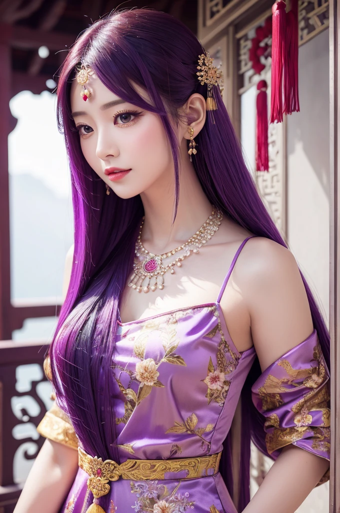 Illustration Beautiful woman Purple hair Long hair Chinese dress Hair ornament Necklace
