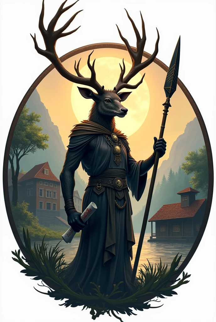 Make a logo that has ,a human with a deer head holding a spear , a graduation hat and a diploma and a school in the background and a river , a hut , that the logo is circular and eye-catching 
