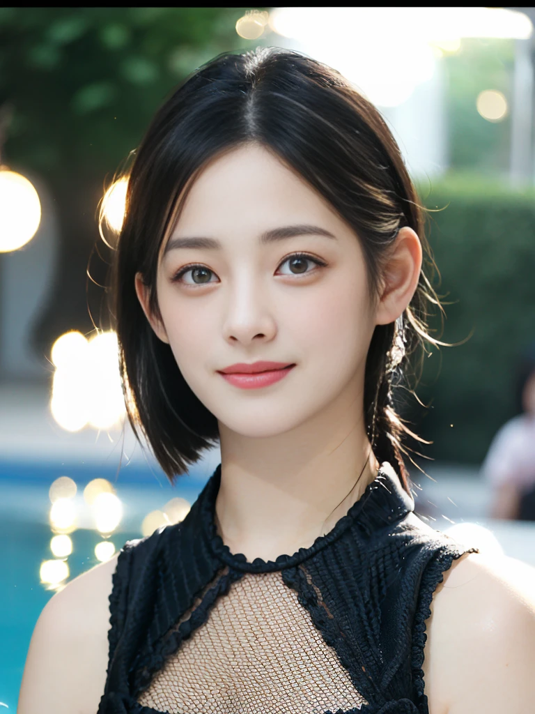 a Close-up portrait of gorgeous smiling cute Japanese woman in a glamorous Fishnet dress outfit, delicate facial features, porcelain-skinned, ponytail, a fusion of young Marion Cotillard's striking eyes and young Anne Hathaway's introspective gaze, long and slender cute face, curved eyebrows, droopy hooded eyes, lower nasal bridge, slim wavy nose, smiling, thin lips, short pixie cut hair, silhouette, bokeh, skylight atrium pool background, depth of field, photo, film,