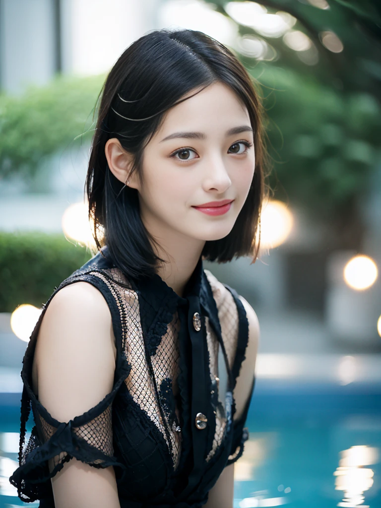 a Close-up portrait of gorgeous smiling cute Japanese woman in a glamorous Fishnet dress outfit, delicate facial features, porcelain-skinned, ponytail, a fusion of young Marion Cotillard's striking eyes and young Anne Hathaway's introspective gaze, long and slender cute face, curved eyebrows, droopy hooded eyes, lower nasal bridge, slim wavy nose, smiling, thin lips, short pixie cut hair, silhouette, bokeh, skylight atrium pool background,  depth of field, photo, film,
