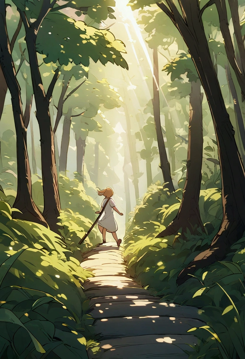 Thai cartoon image of Nang Chaba wearing a white dress, holding a cane, walking up a mountain with the morning sunlight shining through the trees.