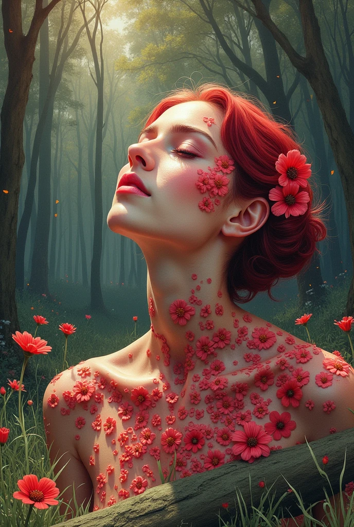 (high resolution, best qualityer:1.2),
Facial Focus, monocromatic, Manual art, arte linear, pencil lines, with smudges that denote hand drawing, with much emphasis on the light and shadow of 1 woman. Her skin is made of red flowers all over her body. She is sitting on a log covered in deep green slime.. The scene is a forest with spaced trees, that shines beams of sunlight on her skin and the grass on the ground. She looks up at the sky with half-closed eyes., as if you were feeling the sun's rays touching your skin. your hair is the color of your skin, your skin is pink. floral frame, decorative panels, artistic by Vincent Van Gogh, Van Gogh