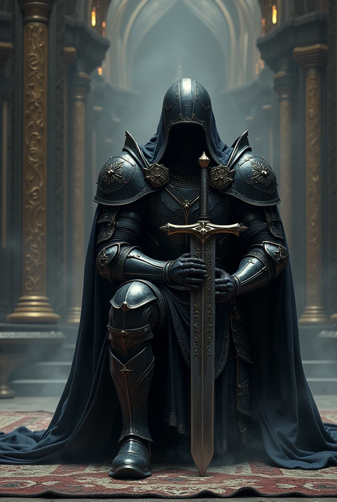 black knight, very large long and broad sword, kneeling at an altar asking for forgiveness for his sins shining armor dark aura 