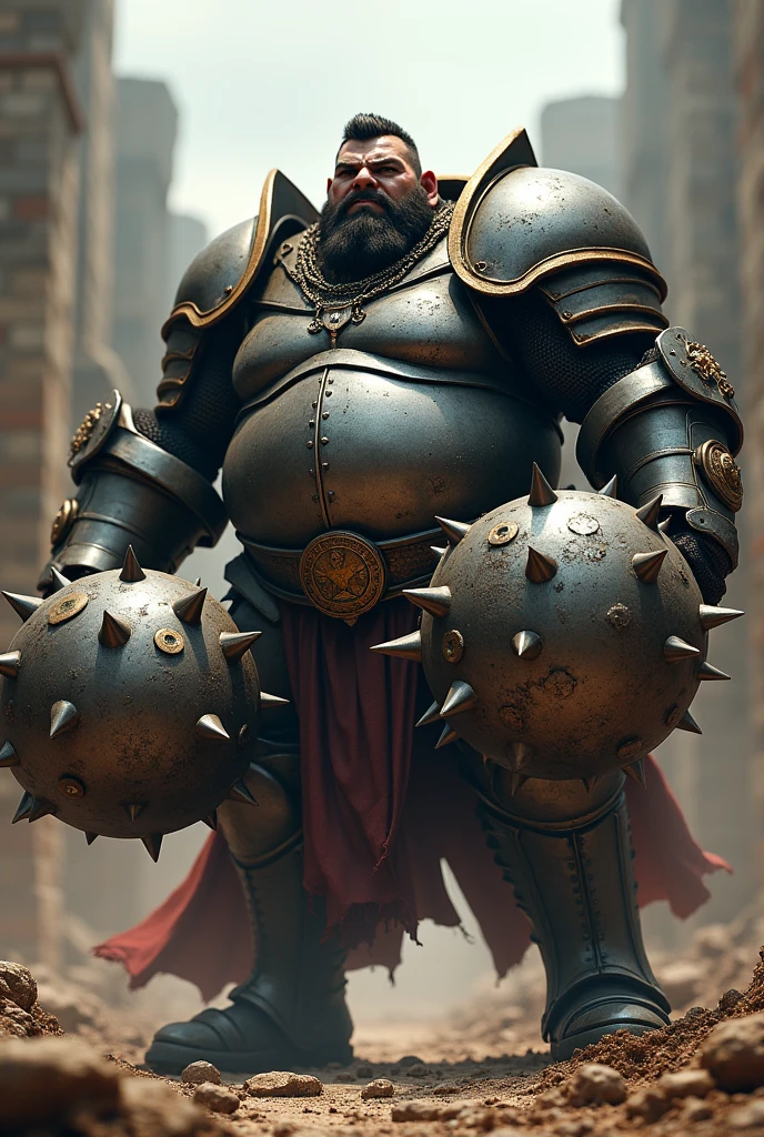 A fat man wearing knight&#39;s armor and carrying two spiked wrecking balls in his hands