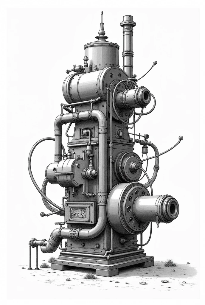 Make a NON-realistic black and white drawing of a machine that can create cereal cookies like oatmeal, quinoa, quinoa, and they have fruit jelly filling. That the machine has the following parts: Solar Grain Mill, Solar Dehydrator, Solar Food Processor, Solar Industrial Mixer, Solar mixer, Solar Molding and Filling Machine, Solar Oven, Cooling tunnel and packaging machine (pointing out its parts)