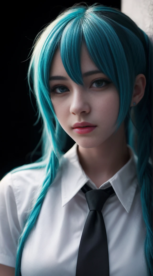 Genius cosplayer girl of Hatsune Miku, intricate detail Highly Detailed Eyes, Faded, Japanese high school white sailor suit, blue tie, black arm cover, 16K resolution, RAW, Nikon Z9, Creative, Masterpiece, Fantasy, High Definition, High Quality, 8k, Realistic, Dramatic Lighting, Soft Focus, Digital Illustration, Intricate Mechanics, Advanced Techniques, Dark Background Cinematic, High Contrast, High Contrast Atmosphere, (Best Quality, 4k, 8k, High Definition, Masterpiece: 1. 2), Ultra-Detailed, (Realistic, Graphic, Photorealistic: 1. 4) -- No Glass --AR 16:9 --Stylize 1000