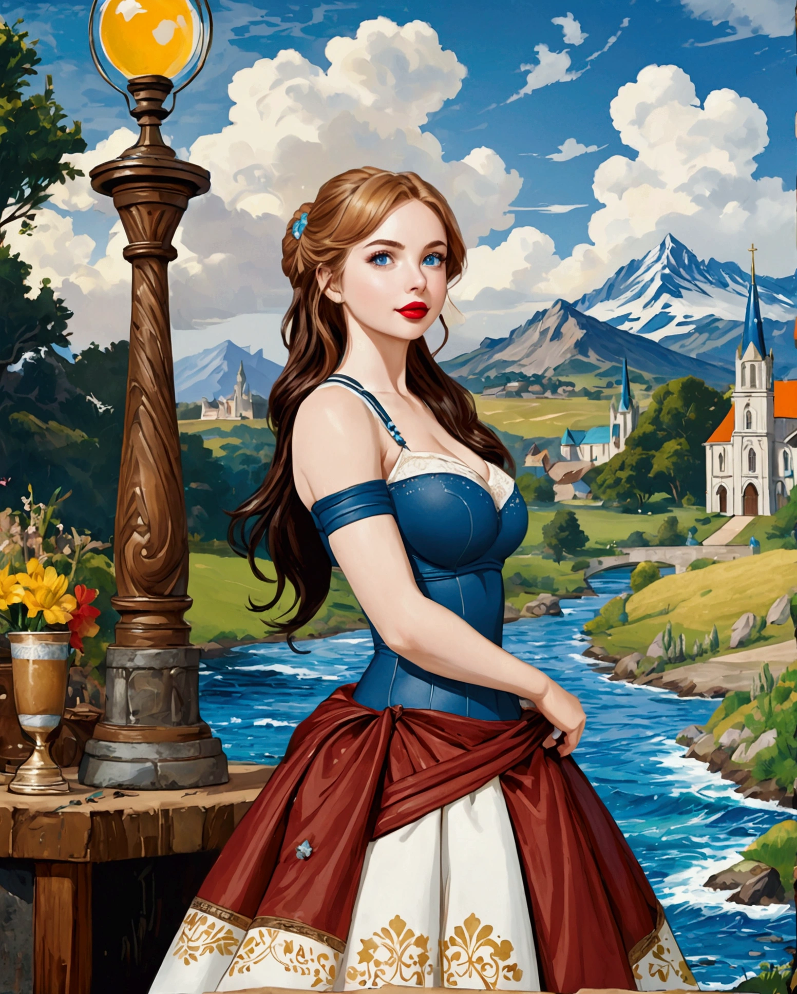Young Beautiful Princess Bride (Black Hair Hour Glass Figure Jessica Green Adelaide Kane Molly Quinn Hyper Large Blue Eyes. BUFF TONED FIT Hyper MUSCULAR. . Hourglass Figure Large Bust Ultra-Realistic. ) And Prince Groom (Bearded Michael Seater) Smiling To Each Other Beautiful Church In The Background. Dickensian. Official Art Award Winning Digital Painting Digital Illustration Extreme Detail 4k Ultra Hd Rococo Polished Intricate Realistic Fantasy Art Sharp Focus Concept Art Art By Wlop Artgerm (2d Vector Illustration)