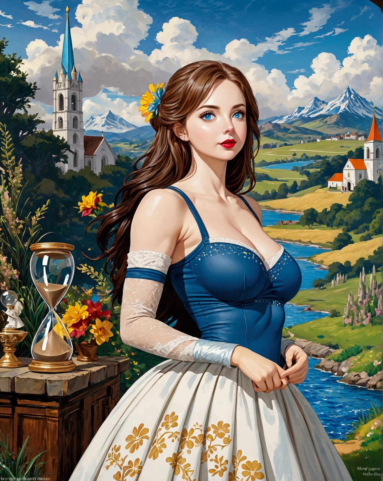 close-up representation of the Mona Lisa, (Point of view selfie:1.2), lake and hills in the background, (por Alex Maleev:1.5), big boobies