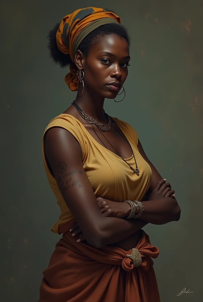 On voit une femme africaine se tenant le bras, obviously bothered by a painful scar
