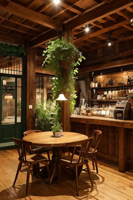 Western style、Retro Pure Cafe、 Retreat、Like a secret base、quietly、Foliage plant、Antique interior with rounded wood、calm down、A warm space、A relaxing space、Natural environment、Dried flowers hanging、The only man-made thing is the coffee shop、Antique lighting、There is no modern machinery、Only antique machines、nostalgic、unmanned、Nostalgic、quiet、brown、green、