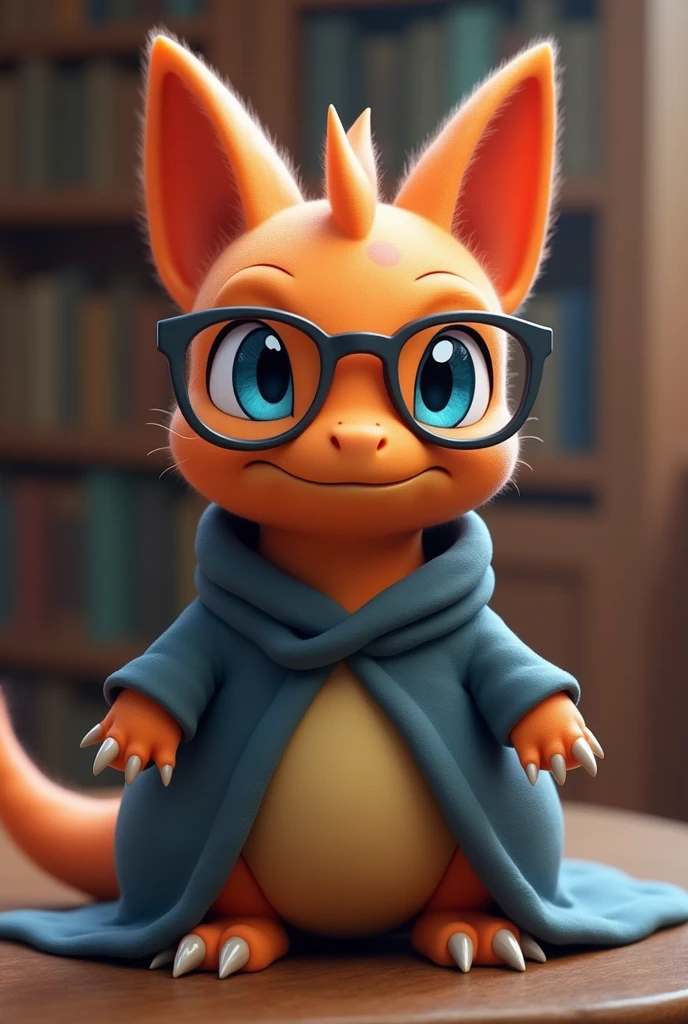 baby charizard with dark gray cat ears, with robe, glasses and blue eyes

