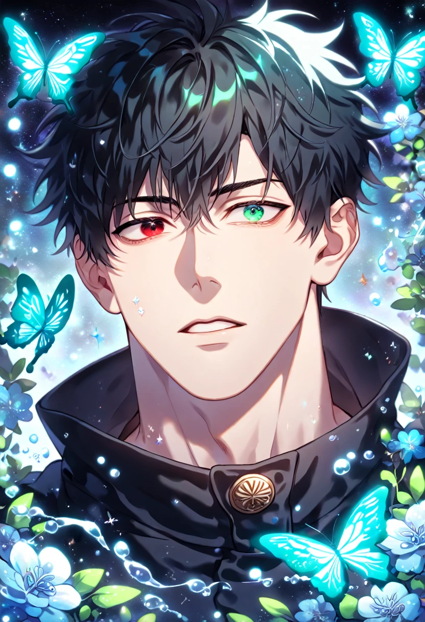 absurdres, highres, ultra detailed, HDR) master piece, best quality, extremely detailed, detailed eyes, detailed face, delicated features, Kang Woojin, black hair, messy hair, heterochromia, expressive right eye red, expressive left green eye, Love Jinx, solo, sexy man, handsome, manly man, adult face, jujutsu Kaisen uniform, black uniform, high collar, fantasy, magical, glittering, water, blue flames, blue moon, blue flowers, blue butterflies, garden, Jujutsu Kaisen