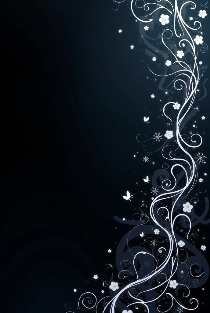 A dark, elegant background that closely mirrors the original image with a black left side transitioning to dark blues on the right. The right side of the image should feature intricate, swirling patterns reminiscent of the original floral designs, but with musical notes and symbols instead of flowers. These musical elements should maintain the same flow and arrangement as the original design, with a subtle gradient of white to gray as they blend into the background. The overall composition should capture the same delicate balance and symmetry as the uploaded image, with a clear focus on the right side.