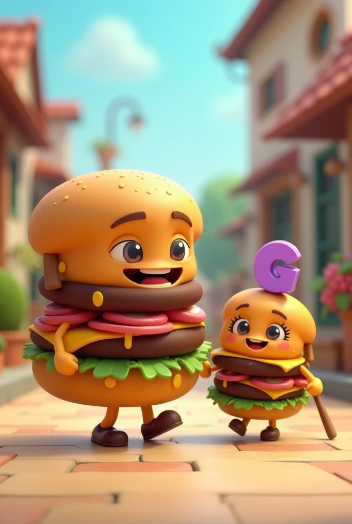 Create an image of an animated hamburger walking hand in hand with a smaller hamburger that looks happy and has a stick with the purple letter G on its head that is not so chubby.
