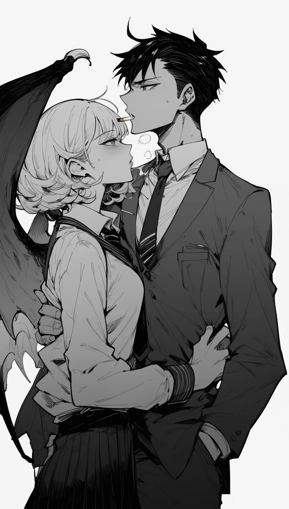 (score_9,score_8,score_7_up,score_6_up)sinozick style，flat color, dark theme 
highres ,(millipen_(medium):1.5) ,traditional_media ,1boy, 1girl ,ahoge cigarette, eye_contact ,face-to-face, hands_in_pockets, looking_at_another ,monochrome ,necktie, necktie_grab, neckwear_grab, school_uniform ,short_hair, skirt, suit, wings,