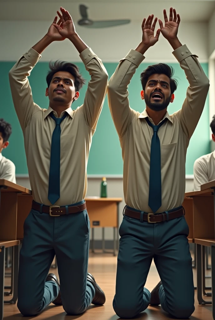 Two 19year indian boys wearing shirt long sleeve with tie and fashionable buckle belt is kneeling straight in the class with his hands raised straight high up above his head with tired looking and painful expression shown