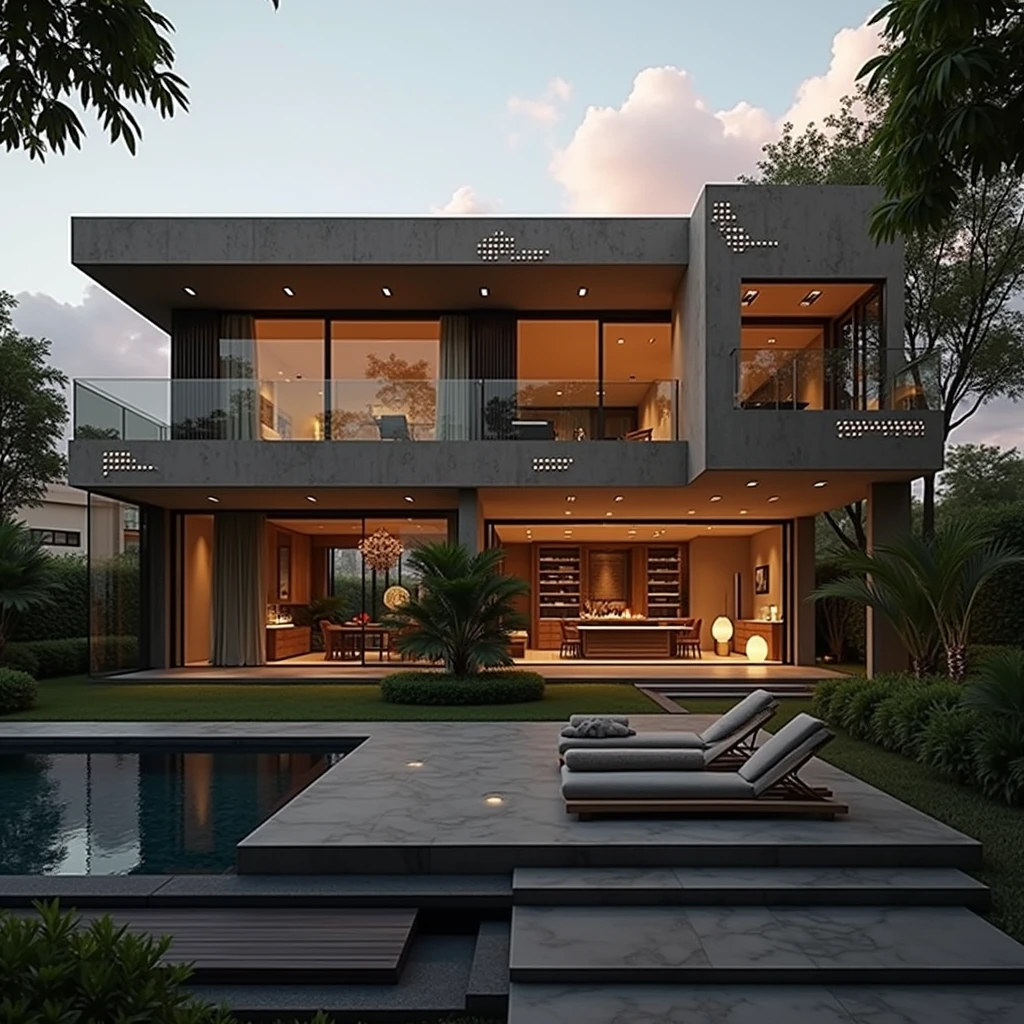 RAW photo,Masterpiece, high quality, best quality, realistic, super detailed, exterior, a modern style villa(Minimalist lines,Architecture: Using minimalist lines, dots break the curve as a highlight
Materials: Combination of glass, concrete, and natural wood.
Open space: The living room and kitchen are connected, using large glass doors to take advantage of natural light.
Sky: bright, blue clouds
 
Outdoor area: Small swimming pool and green garden with native plants. modern:1.2),(white wall:1.1), glass railings, glass windows, trees, grass , ((sunset)), sky, vivid colors, (high detail :1.2), 8k uhd, dslr, soft light, high quality, film grain, Fujifilm XT3Negative