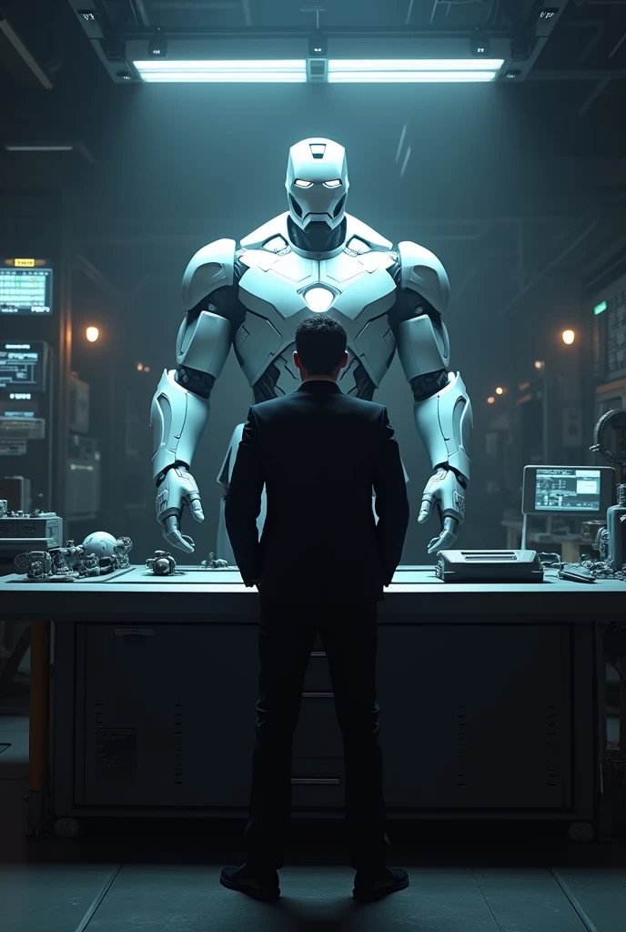 A darkened lab, with Tony Stark standing confidently in front of a sleek, futuristic workbench. The Mark 50 armor is displayed behind him, its repulsor technology glowing softly.