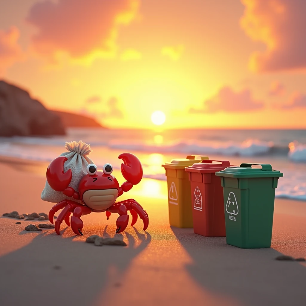 A cute crab carries a bag of trash and puts it in the trash can on the beach., Garbage is sorted into three bins. ). The sunset dyed the sand golden, create a beautiful romantic natural picture.