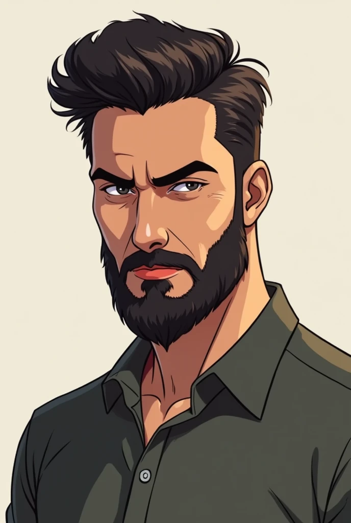 Draw a anime shape male having 3 to 4 inch beard pakistani male with serious face his age is 2 simple and short hair. Body shape is normal