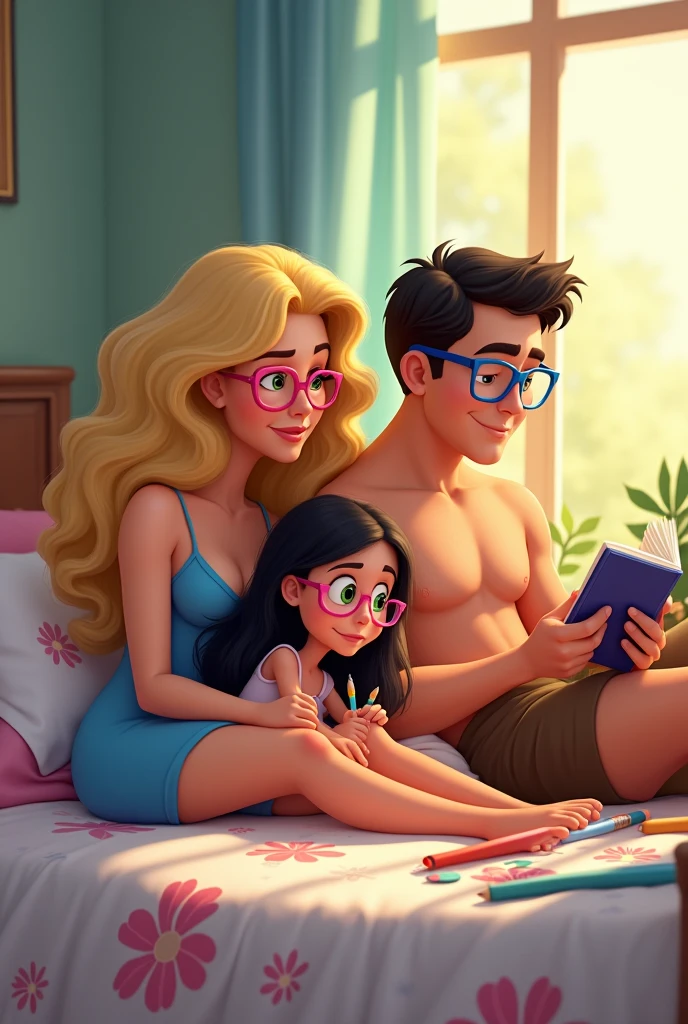 caucasian woman, Child white girl long hair, white male, Realismo ao máximo estilo disney mulher white color, hair blonde, cabelo encaracolado Wearing Pink Glasses, clear green eyes, blue dress. Homem white color clara, wearing brown shorts, wearing no shirt, WEARING BLUE GLASSES, dark hair. the two of them lying on a bed with a flowery bedspread, reading a book and using the cell phone. little child, white color, Bblack hair, Wearing Pink Glasses, drawing and painting with various pencils.