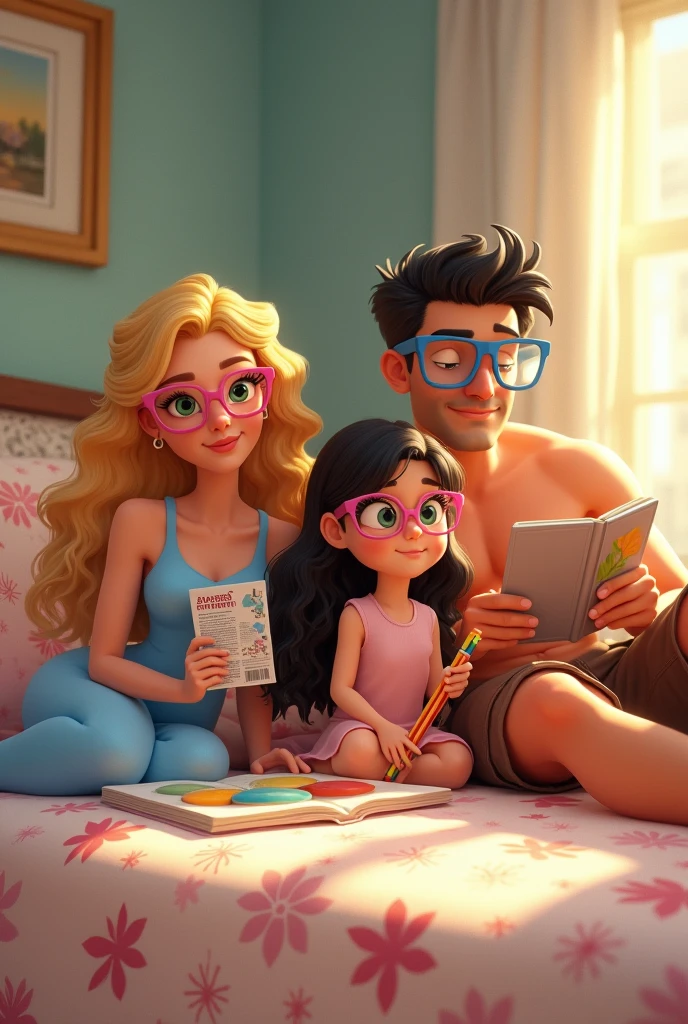 caucasian woman, Child white girl long hair, white male, Realismo ao máximo estilo disney mulher white color, hair blonde, cabelo encaracolado Wearing Pink Glasses, clear green eyes, blue dress. Homem white color clara, wearing brown shorts, wearing no shirt, WEARING BLUE GLASSES, dark hair. the two of them lying on a bed with a flowery bedspread, reading a book and using the cell phone. little child, white color, Bblack hair, Wearing Pink Glasses, drawing and painting with various pencils.