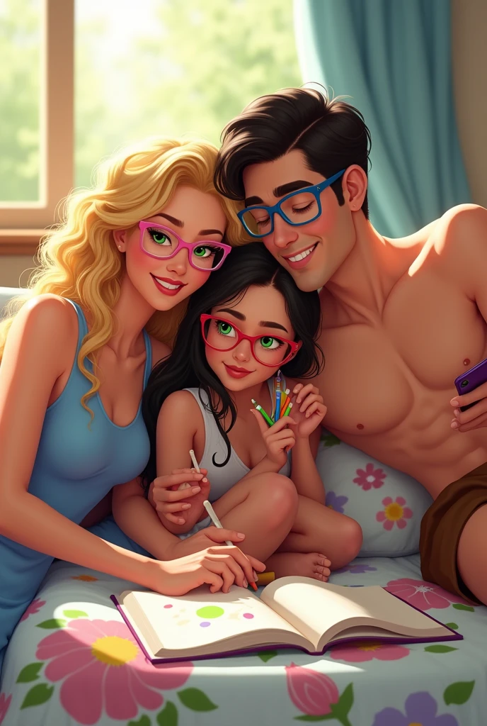 caucasian woman, Child white girl long hair, white male, Realismo ao máximo estilo disney mulher white color, hair blonde, cabelo encaracolado Wearing Pink Glasses, clear green eyes, blue dress. Homem white color clara, wearing brown shorts, wearing no shirt, WEARING BLUE GLASSES, dark hair. the two of them lying on a bed with a flowery bedspread, reading a book and using the cell phone. little child, white color, Bblack hair, Wearing Pink Glasses, drawing and painting with various pencils.