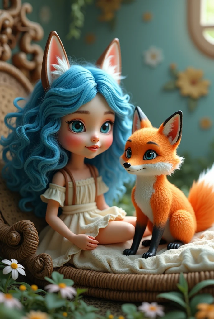 A girl with blue curly hair and blue eyes.
Next to an old basket, there is a beautiful orange fox inside.
in a beautiful bed
style 3D