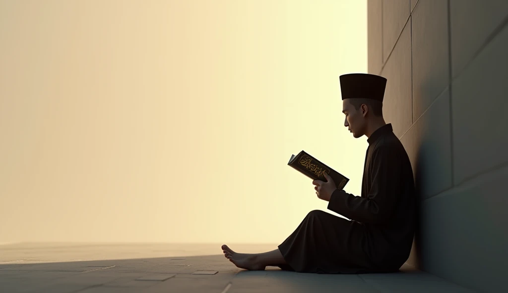 photorealism:1.2), aesthetic neutral color background on the left, On the right side, silhouette image of a man wearing a traditional Indonesian black cap and sarong sitting cross-legged and reading the hadith book Arbain NAWAWI