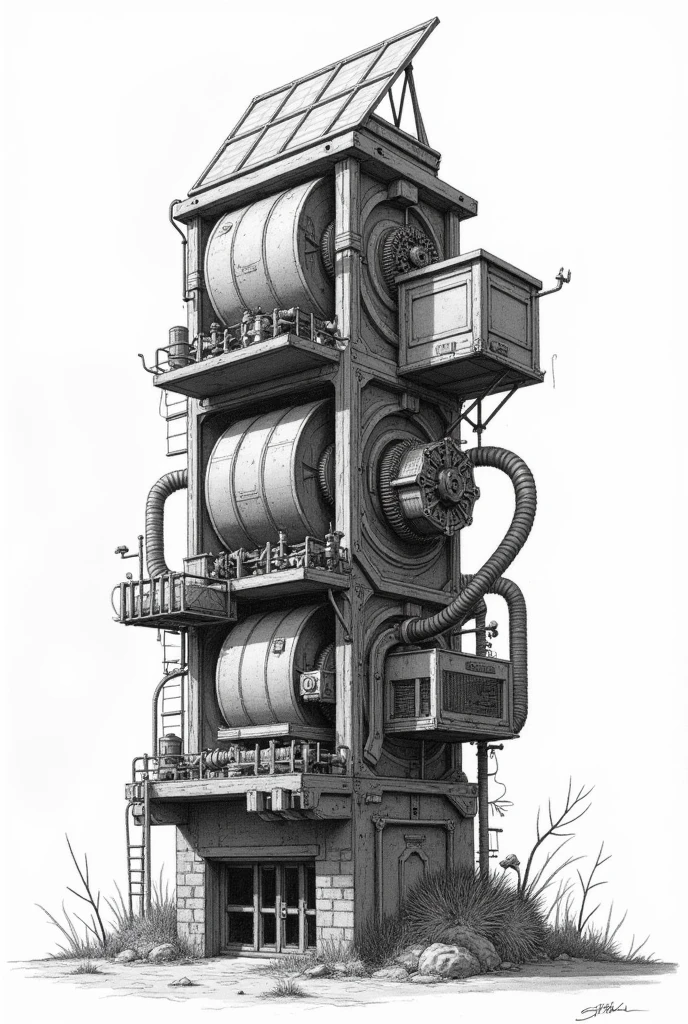 Make a NON-realistic black and white drawing of a machine that can make cookies.. That the machine has the following parts: Solar Grain Mill, Solar Dehydrator, Solar Food Processor, Solar Industrial Mixer, Solar mixer, Solar Molding and Filling Machine, Solar Oven, Cooling tunnel and packaging machine (pointing out its parts)