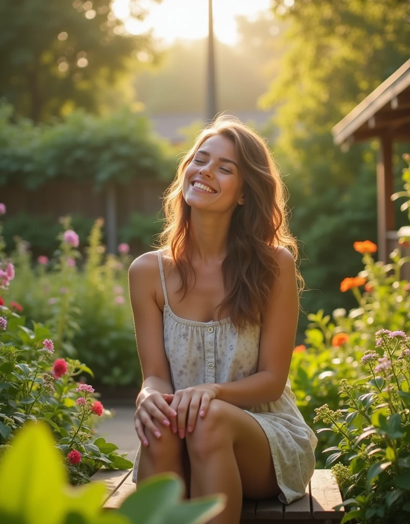  Cut to a Calm, Serene Setting
Scene Description:
The same woman is now in a different environment, a serene outdoor garden. She is sitting on a wooden bench, surrounded by lush green plants and flowers. Her posture is relaxed, shoulders down, and her eyes are closed. A gentle smile appears on her face, indicating calmness and relief. Sunlight filters through the trees, creating a warm, inviting atmosphere. Birds can be faintly heard chirping in the background.

Technical Details:

Camera Angle: Wide shot to capture the entire scene, including the greenery and the woman.
Lighting: Natural, bright sunlight to convey a peaceful and positive mood.
Color Scheme: Vibrant greens and warm yellows to emphasize serenity and warmth.
Environment: Outdoor garden setting with various plants, flowers, and a simple wooden bench.