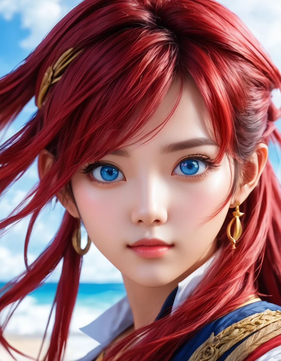 anime, (((portrait of daw))), a woman, (((a red hair))), (((blue eyes))), (((female pirate)), 8k, unreal engine, octane render, by kyun, gamang, Yoon Gon-Ji, g.ho, gosonjak, shuroop, serious, domi, noah, trending on pixiv, fanbox, skeb, masterpiece, smooth soft skin, big dreamy eyes, beautiful intricate colored hair, symmetrical, anime wide eyes, soft lighting, concept art, digital painting, tropical island