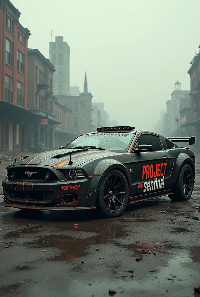 Create the letters "Project Sentinel" a ford mustang gt 500 end of the world style