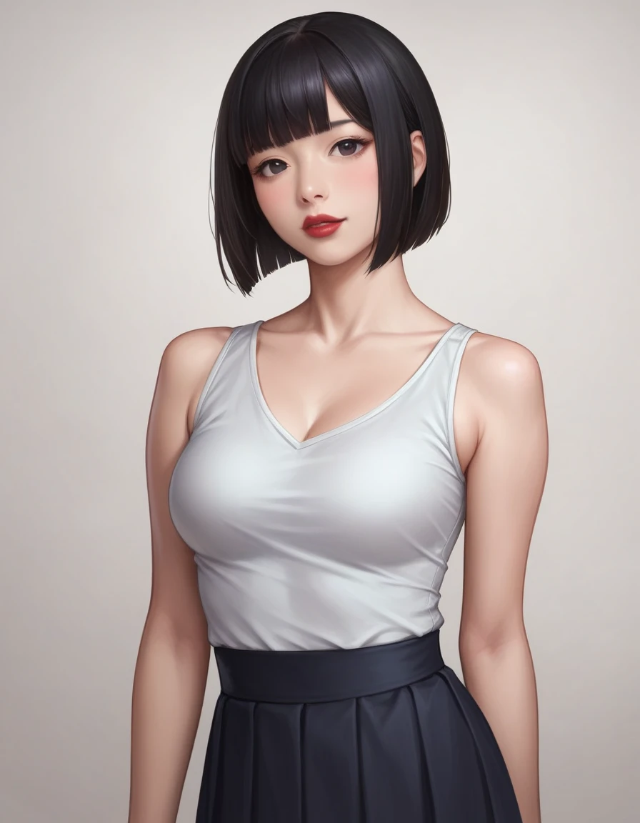 (score_8, score_8_up,score_7_up,source_anime,masterpiece,highest quality,Perfect Anatomy,Exquisite detailed:1.1)(raw photo,photo realistic:1.3)1 girl,cute face,Japanese,small eyes,black eyes,black hair,bob cut,blunt bangs,red lips,medium breasts