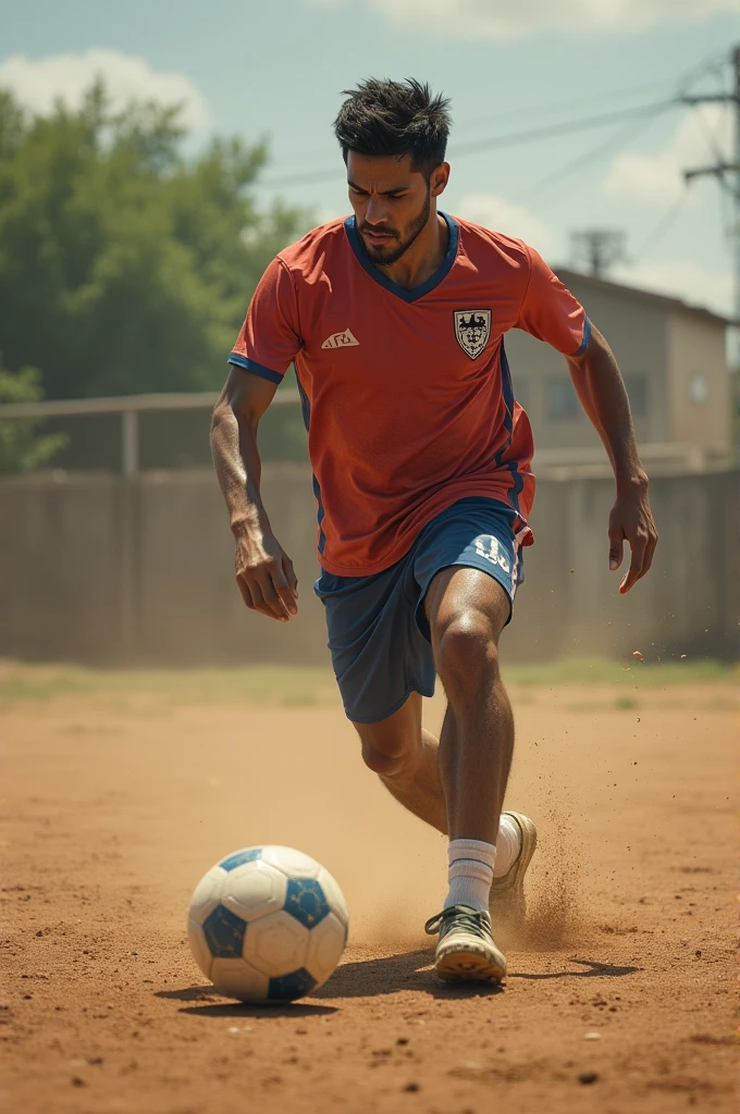 Image of a young man training alone on a dirt soccer field