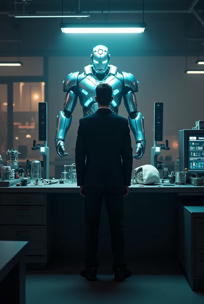 A darkened lab, with Tony Stark standing confidently in front of a sleek, futuristic workbench. The Mark 50 armor is displayed behind him, its repulsor technology glowing softly.
