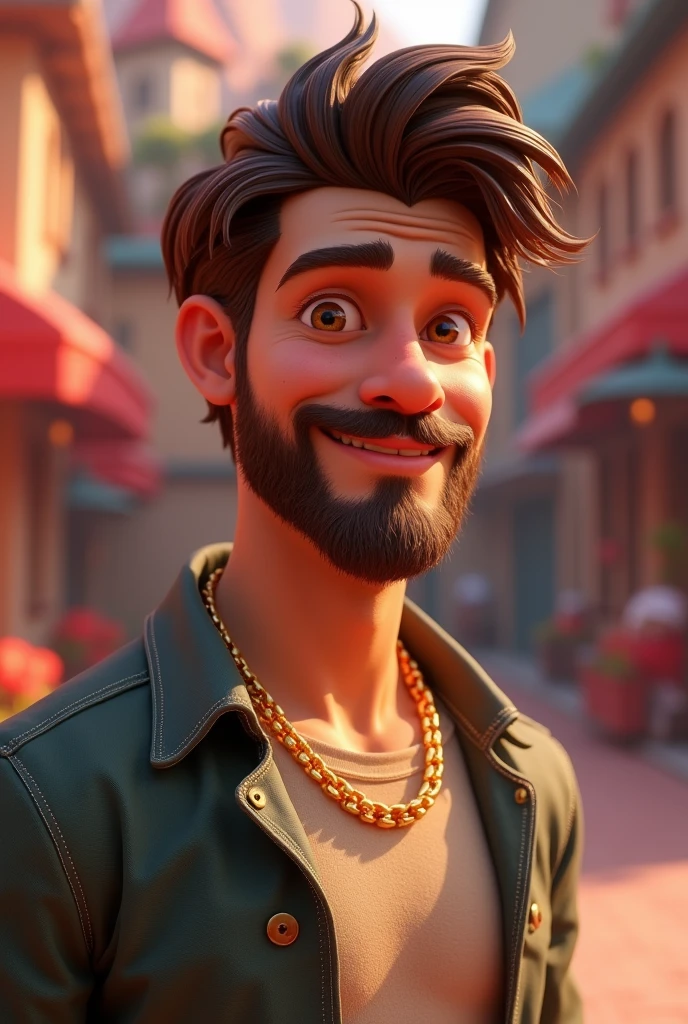 Create Disney Character, young man with short brown hair, with a well-trimmed beard. Your welcoming expression and you are wearing a gold chain necklace.