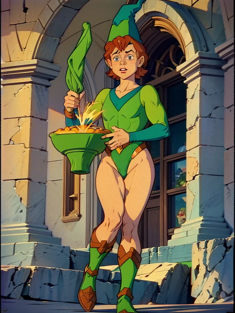 a redhead cartoon character, wonder woman outfit, green leotard, very muscular,  male wizard, 1980s cartoon, animated episode still, Presto (((mad))), ((Wears a wizard hat))