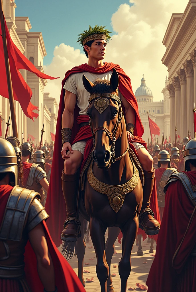 Roman Julius Caesar, in ancient Rome, aged 21, with crown of branches, with his army, riding on a horse, victorious in battles, image in comic book drawing
