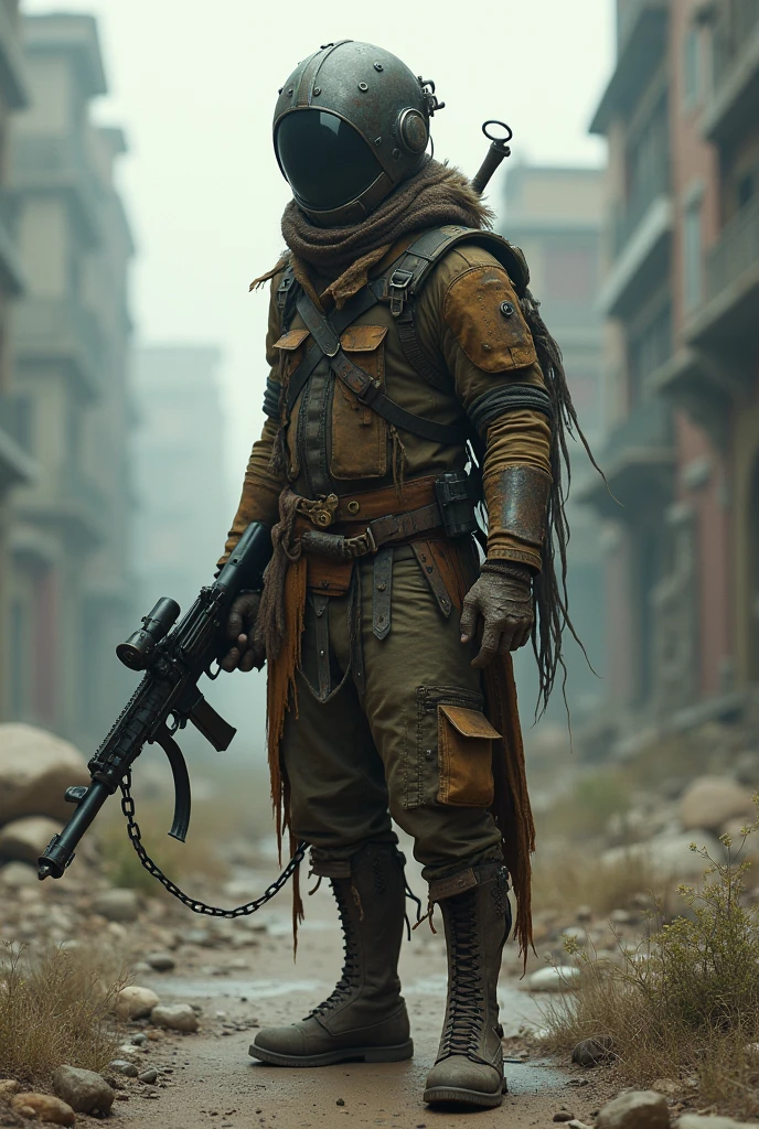 Arkal Bjorn lives in Wezerk, a city condemned to oblivion, where a nuclear bomb hit 43 years ago
.
It is a desolate city, whose inhabitants are only visible at certain times, especially at dawn and dusk. The Renegades, as they are known in the rest of the country of Tregor, They are almost human beings in appearance, However, constant exposure to toxins has turned them into monsters that generation after generation,
developed malformations, mutated features and an excessively white complexion, but they developed the intellectual capacity to create weapons with almost any material they find., making it a highly sought-after destination for supplying ammunition and weapons to the country's black market..
Arkal is small and very thin, slightly hunched over by the malnutrition with which he grew up,
He is and is one of the members of the Skoil gang that is dedicated to assaulting those who travel on the roads that cross Wezerk.
Although its exposed skin is full of calluses that allow it to withstand ambient radiation, His main protection tool is a helmet built from car parts, Appliances and debris found near bomb site. This helmet allows you to protect your airways when you go on expeditions in the city to improve your weapons..