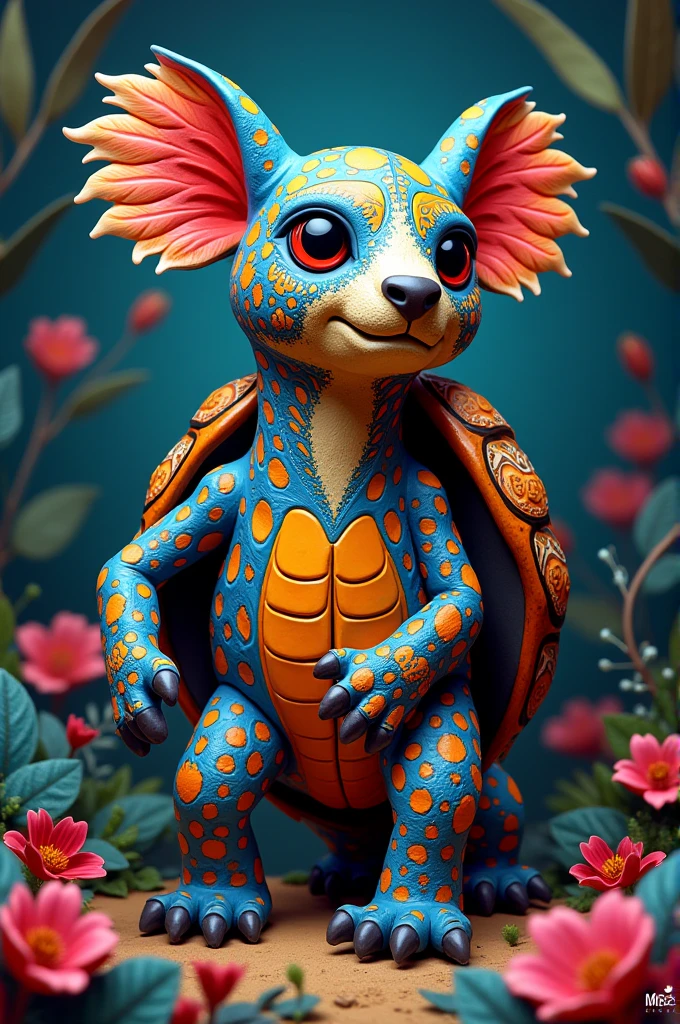 Make an alebrije with the following characteristics, turtle shell, leopard spots, dog head and koala arms