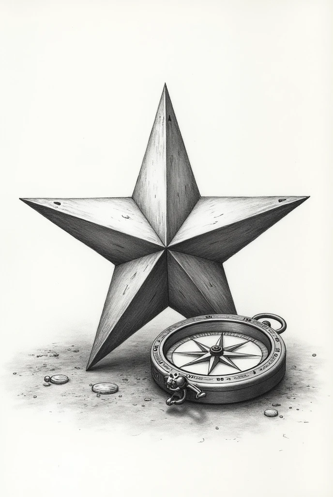 Drawing of a four-pointed star and a compass next to it
